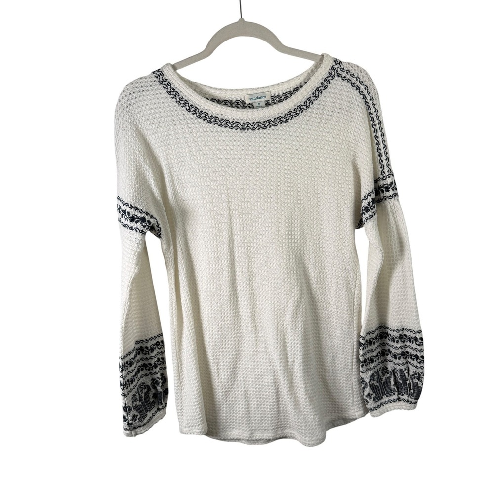 Sundance Waffle Knit Top White Embroidered Boho Peasant Long Sleeve Womens M - Picture 2 of 10